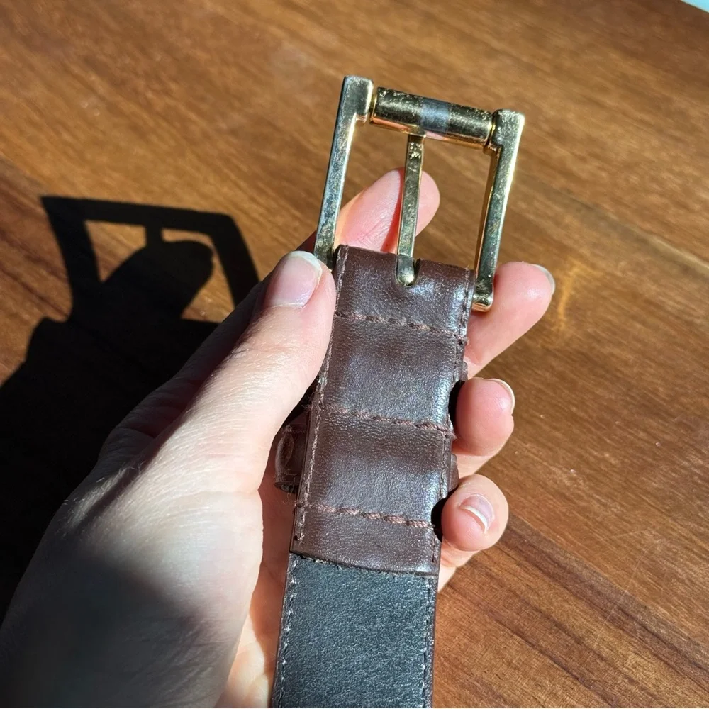 Men’s Genuine Leather Brown Belt Size 44 46 Classic Brass Tone Buckle